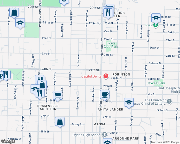 map of restaurants, bars, coffee shops, grocery stores, and more near 1150 Capitol Street in Ogden