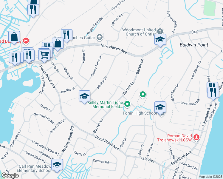 map of restaurants, bars, coffee shops, grocery stores, and more near 51 Snow Apple Lane in Milford