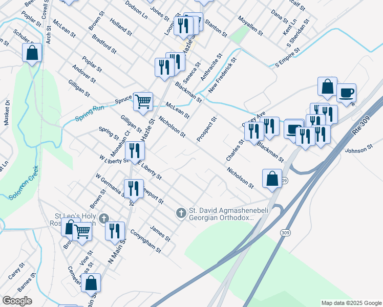 map of restaurants, bars, coffee shops, grocery stores, and more near 135 Nicholson St in Wilkes-Barre Township