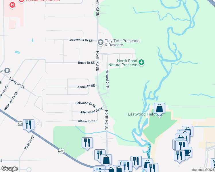 map of restaurants, bars, coffee shops, grocery stores, and more near 4244 Candlelight Drive Southeast in Warren