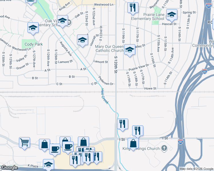 map of restaurants, bars, coffee shops, grocery stores, and more near 12017 Pedersen Drive in Omaha