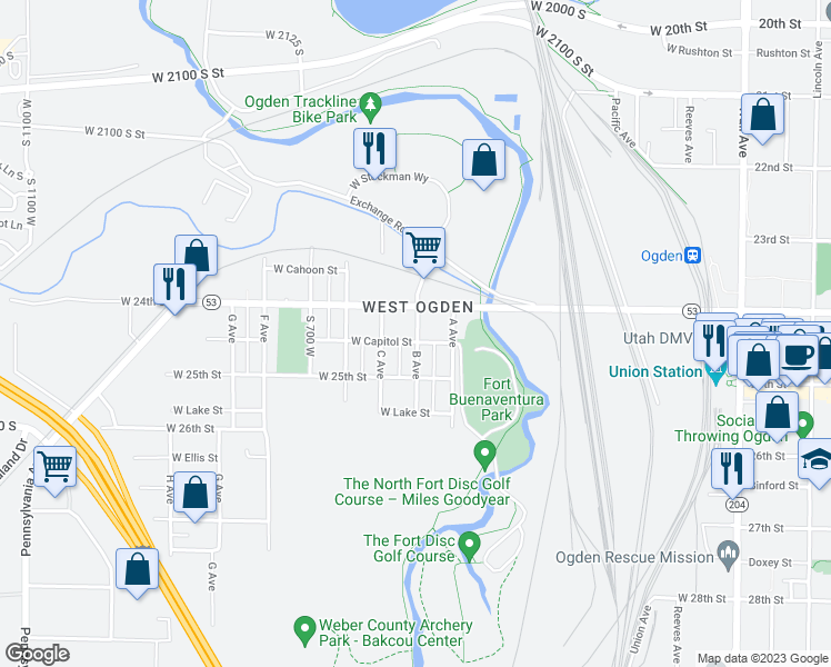 map of restaurants, bars, coffee shops, grocery stores, and more near 2431 B Avenue in Ogden