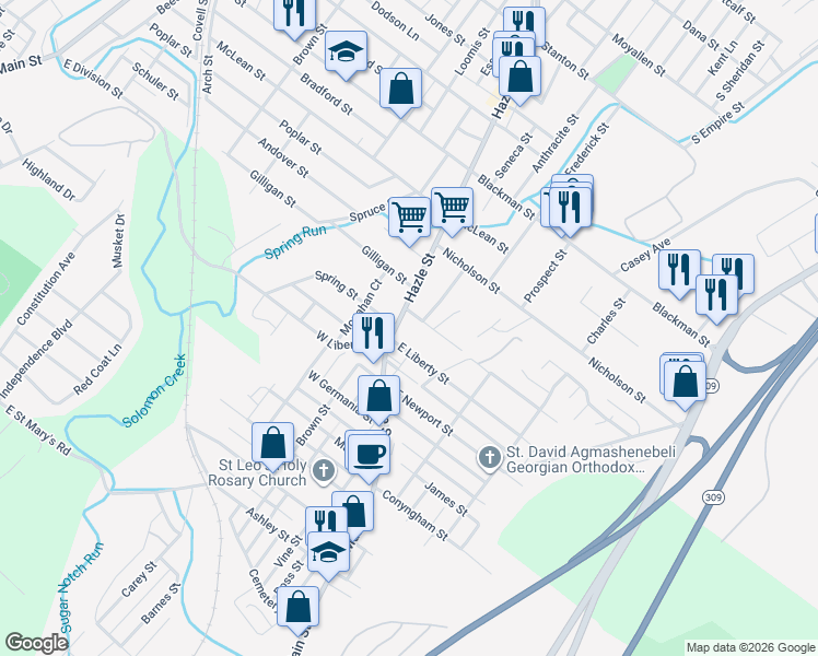 map of restaurants, bars, coffee shops, grocery stores, and more near 24 East Liberty Street in Wilkes-Barre