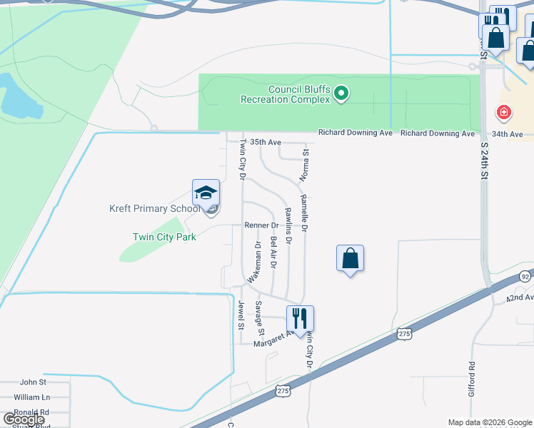 map of restaurants, bars, coffee shops, grocery stores, and more near 3005 Bel Air Drive in Council Bluffs