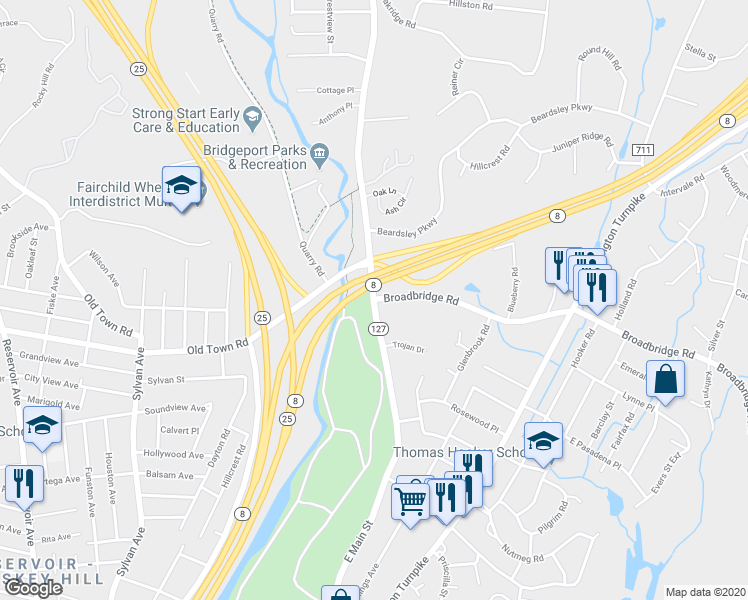 map of restaurants, bars, coffee shops, grocery stores, and more near 6610 East Main Street in Bridgeport