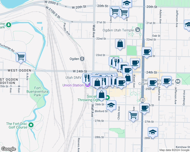 map of restaurants, bars, coffee shops, grocery stores, and more near 130 West 24th Street in Ogden