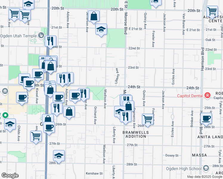 map of restaurants, bars, coffee shops, grocery stores, and more near 2380 Madison Avenue in Ogden