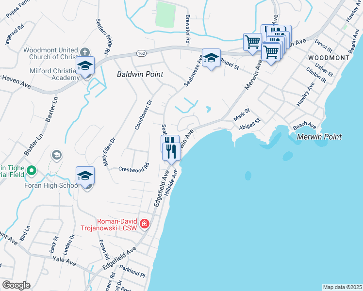 map of restaurants, bars, coffee shops, grocery stores, and more near 24 Rock Street in Milford