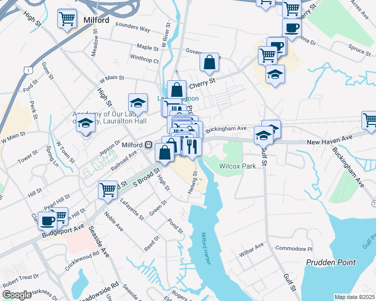 map of restaurants, bars, coffee shops, grocery stores, and more near 15-23 River Street in Milford