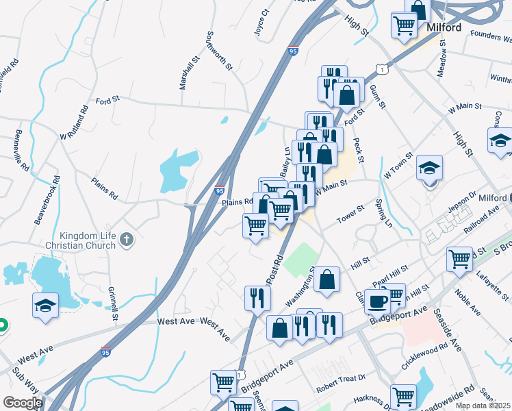 map of restaurants, bars, coffee shops, grocery stores, and more near 77 Plains Road in Milford
