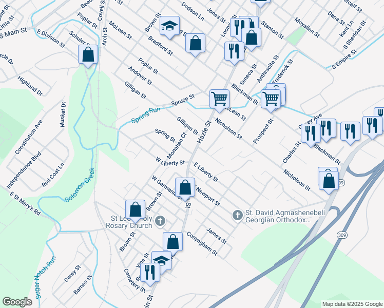 map of restaurants, bars, coffee shops, grocery stores, and more near 15-17 Spring Street in Wilkes-Barre