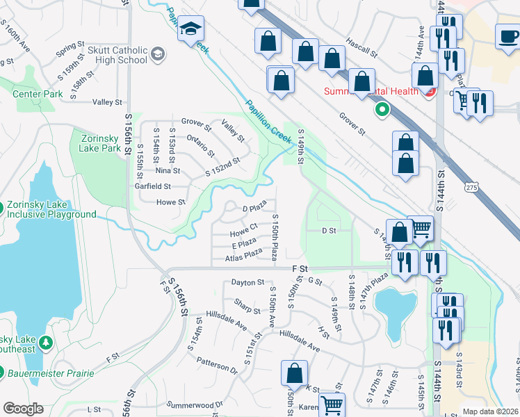 map of restaurants, bars, coffee shops, grocery stores, and more near 15028 D Plaza in Omaha