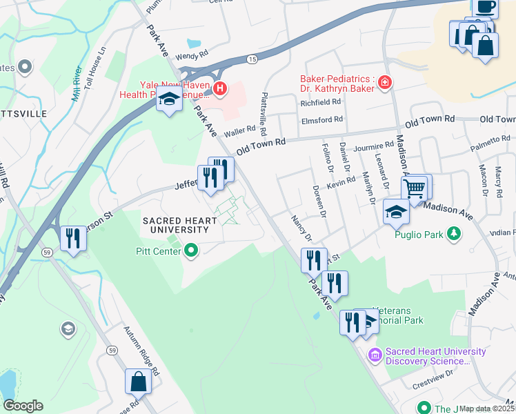 map of restaurants, bars, coffee shops, grocery stores, and more near 5151 Park Avenue in Fairfield