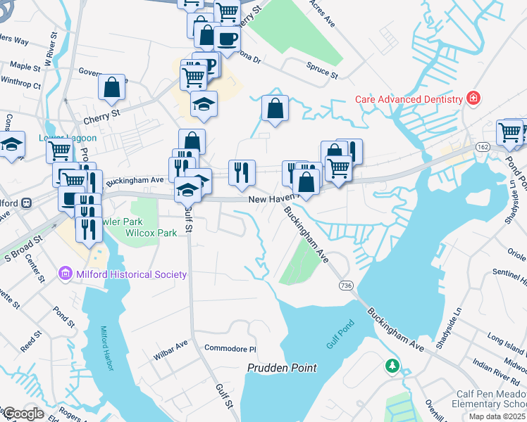map of restaurants, bars, coffee shops, grocery stores, and more near 279 New Haven Avenue in Milford