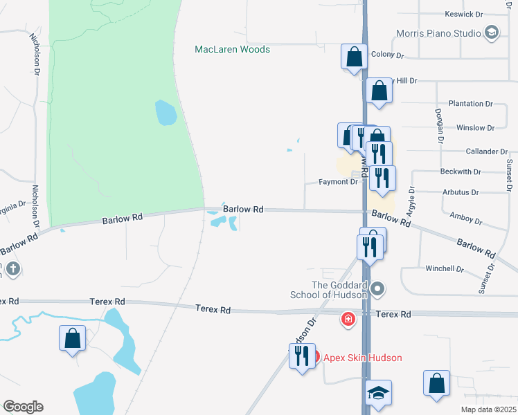 map of restaurants, bars, coffee shops, grocery stores, and more near 1275 Barlow Road in Hudson