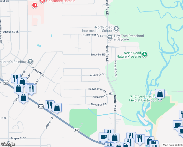 map of restaurants, bars, coffee shops, grocery stores, and more near 3990 Fairlawn Heights Drive Southeast in Warren