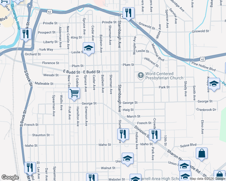 map of restaurants, bars, coffee shops, grocery stores, and more near 727 Sherman Avenue in Sharon