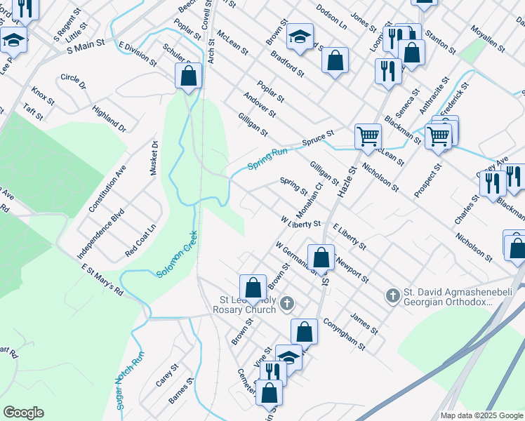 map of restaurants, bars, coffee shops, grocery stores, and more near 85 West Liberty Street in Wilkes-Barre