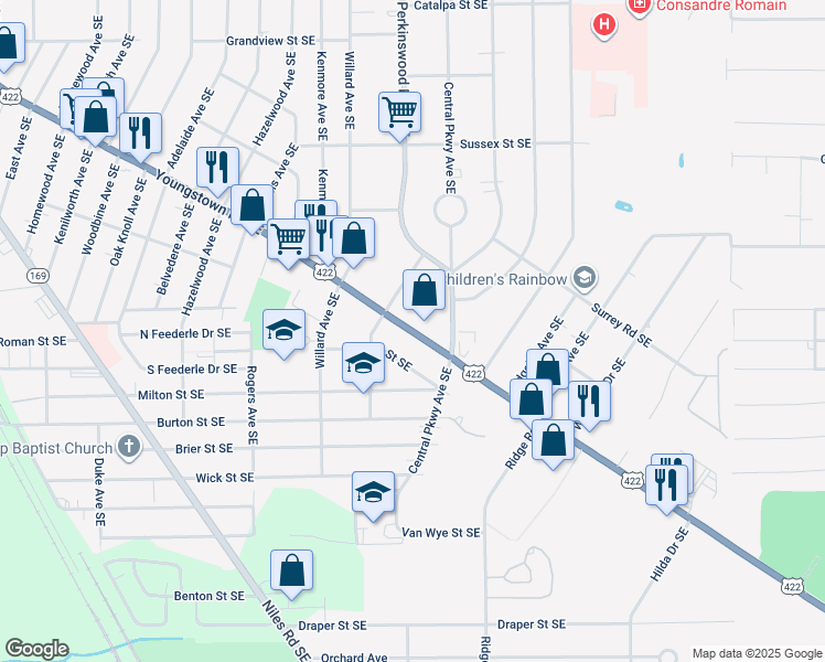 map of restaurants, bars, coffee shops, grocery stores, and more near 2726 Youngstown Road Southeast in Warren