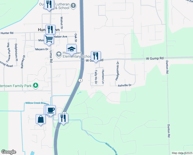 map of restaurants, bars, coffee shops, grocery stores, and more near 15107 Hunters Lane in Huntertown