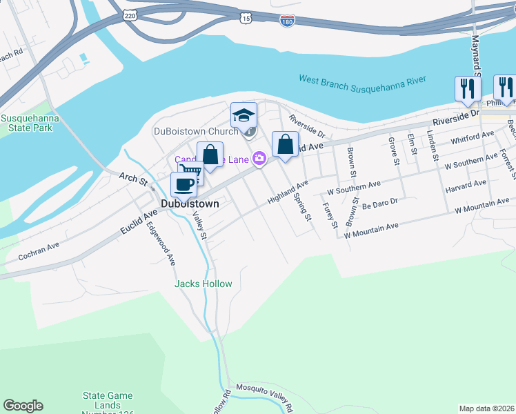 map of restaurants, bars, coffee shops, grocery stores, and more near 299 Winter Street in Duboistown