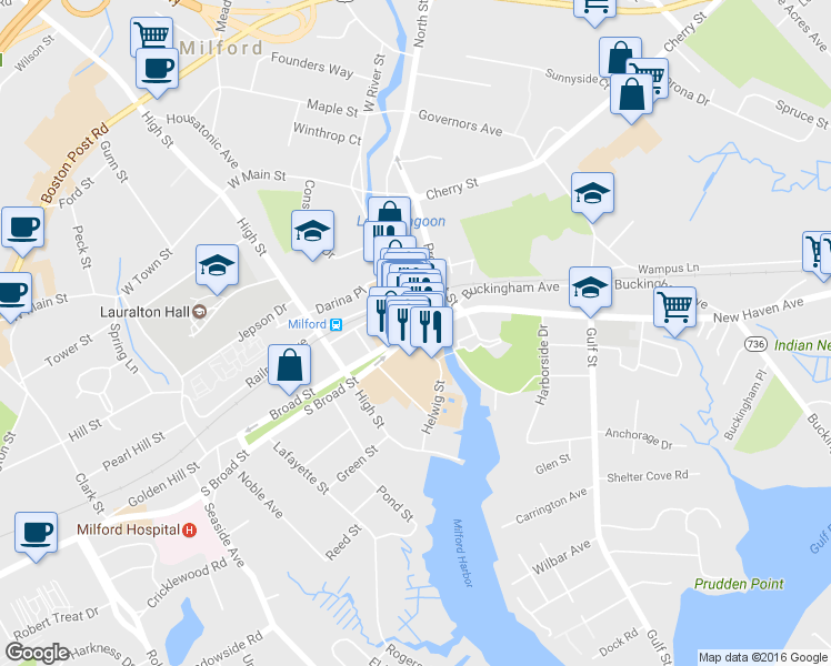 map of restaurants, bars, coffee shops, grocery stores, and more near 11 New Haven Avenue in Milford