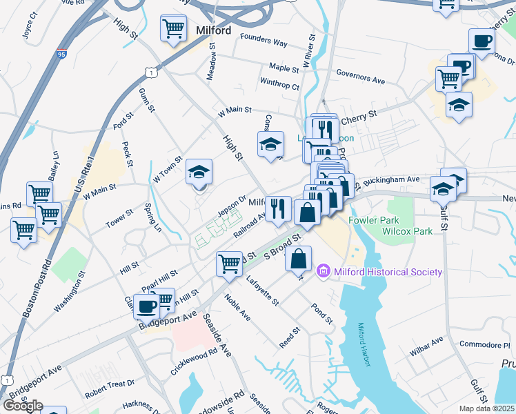 map of restaurants, bars, coffee shops, grocery stores, and more near 9 Jepson Drive in Milford