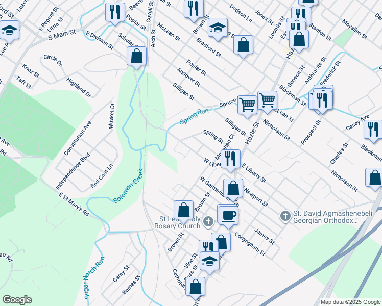 map of restaurants, bars, coffee shops, grocery stores, and more near 85 West Liberty Street in Wilkes-Barre