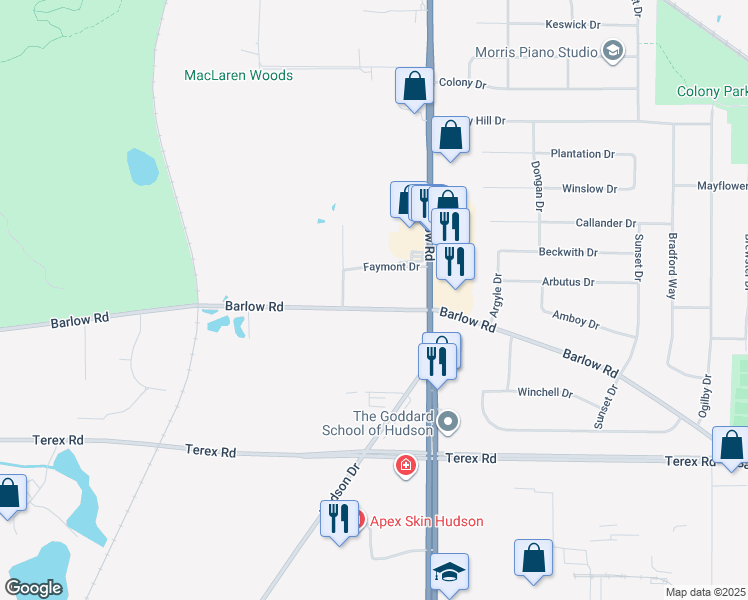 map of restaurants, bars, coffee shops, grocery stores, and more near 1421 Barlow Road in Hudson