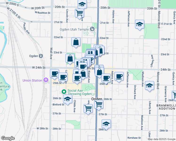 map of restaurants, bars, coffee shops, grocery stores, and more near 2386 Kiesel Avenue in Ogden