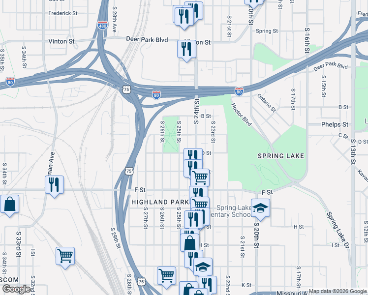 map of restaurants, bars, coffee shops, grocery stores, and more near 3810 South 24th Street in Omaha