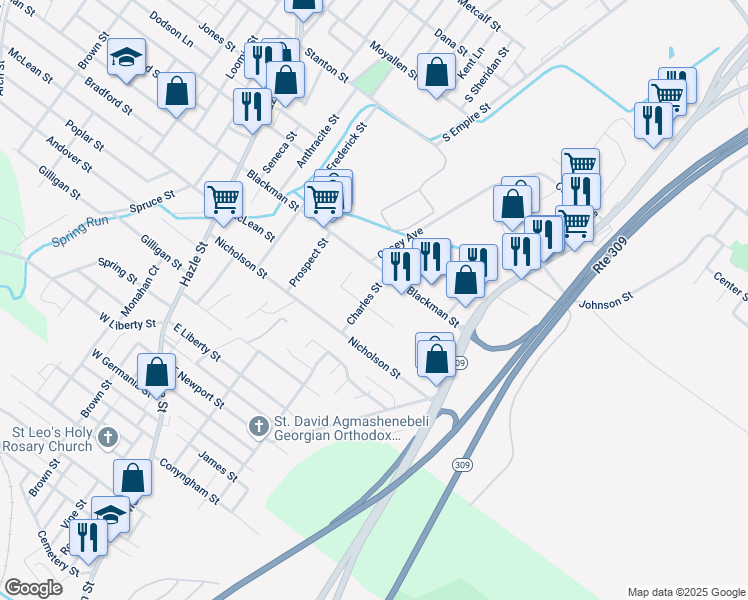 map of restaurants, bars, coffee shops, grocery stores, and more near 1019 Charles Street in Wilkes-Barre