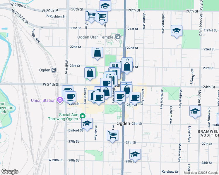 map of restaurants, bars, coffee shops, grocery stores, and more near 2386 Kiesel Avenue in Ogden