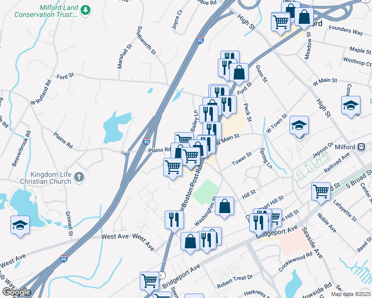 map of restaurants, bars, coffee shops, grocery stores, and more near 69 Plains Road in Milford