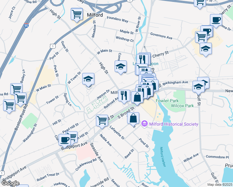 map of restaurants, bars, coffee shops, grocery stores, and more near 51 Darina Place in Milford