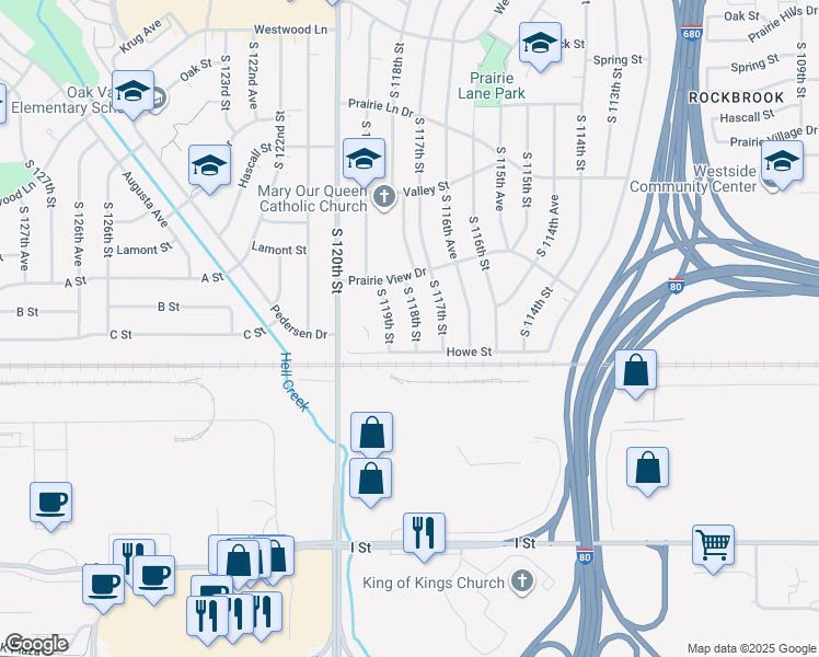map of restaurants, bars, coffee shops, grocery stores, and more near 3705 South 118th Street in Omaha