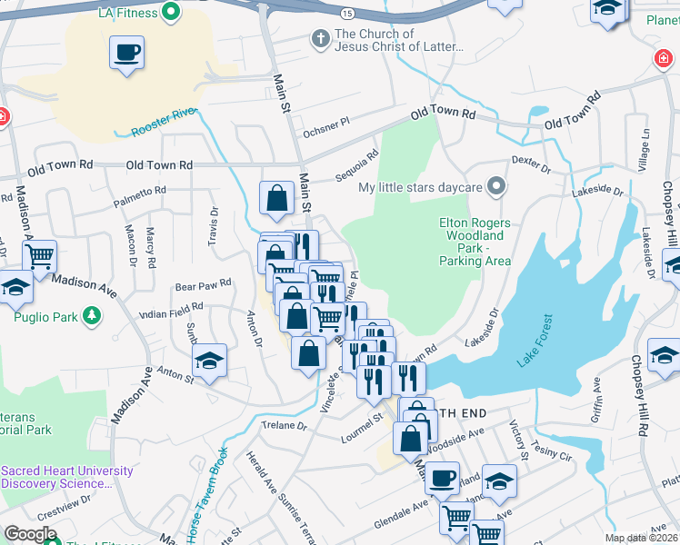 map of restaurants, bars, coffee shops, grocery stores, and more near 191 Kaechele Place in Bridgeport