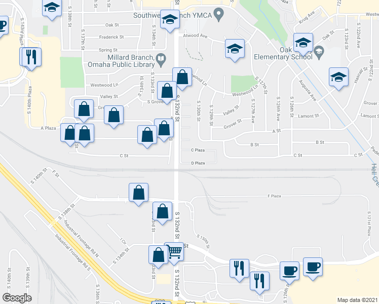 map of restaurants, bars, coffee shops, grocery stores, and more near 13156 South 131st Court in Omaha