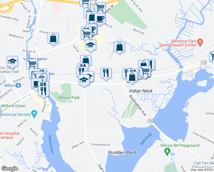 map of restaurants, bars, coffee shops, grocery stores, and more near 249 New Haven Avenue in Milford