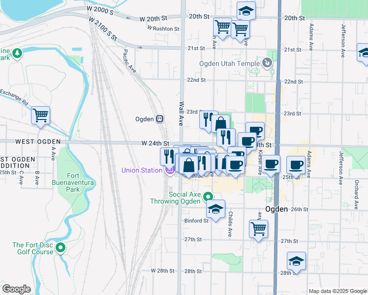map of restaurants, bars, coffee shops, grocery stores, and more near 2402 Wall Avenue in Ogden