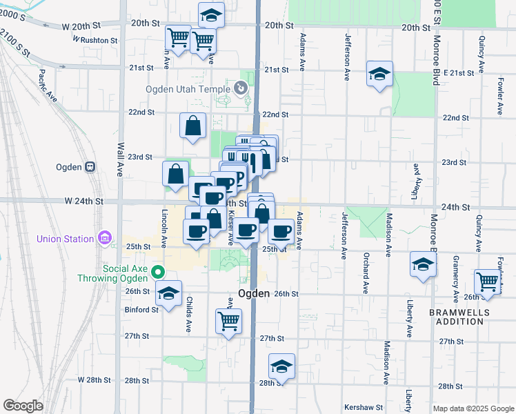 map of restaurants, bars, coffee shops, grocery stores, and more near 2389 Washington Boulevard in Ogden