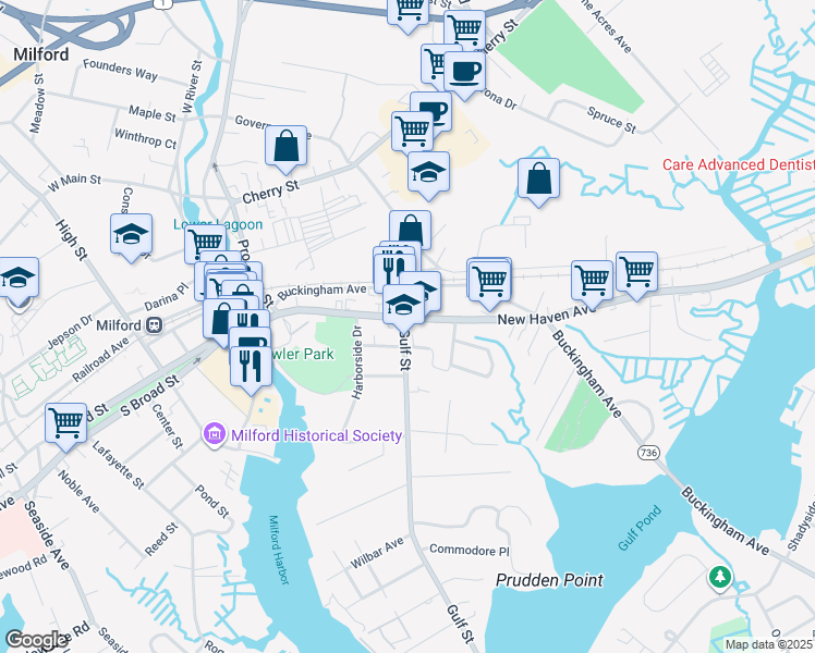 map of restaurants, bars, coffee shops, grocery stores, and more near 140 Gulf Street in Milford