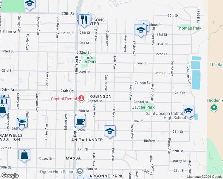 map of restaurants, bars, coffee shops, grocery stores, and more near 1380 24th Street in Ogden
