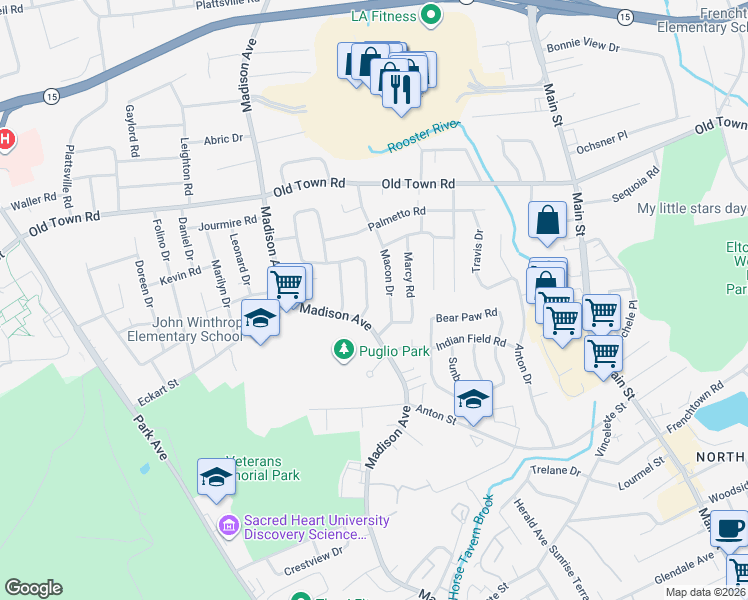 map of restaurants, bars, coffee shops, grocery stores, and more near 119 Macon Drive in Bridgeport
