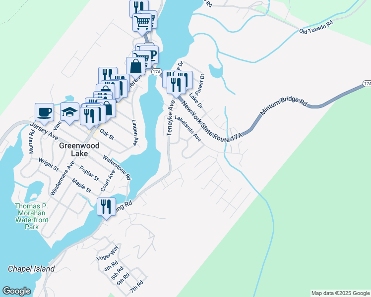map of restaurants, bars, coffee shops, grocery stores, and more near 2 Fernwood Drive in Greenwood Lake