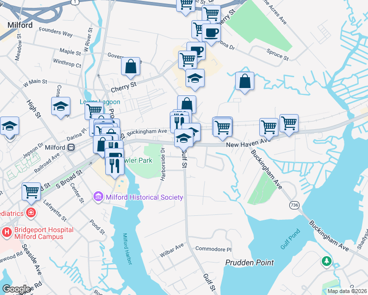 map of restaurants, bars, coffee shops, grocery stores, and more near 140 Gulf Street in Milford