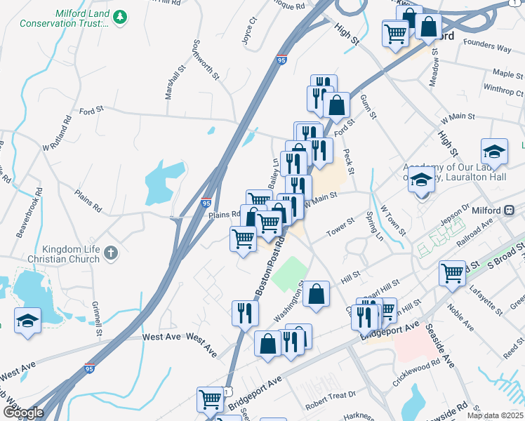 map of restaurants, bars, coffee shops, grocery stores, and more near 63 Plains Road in Milford