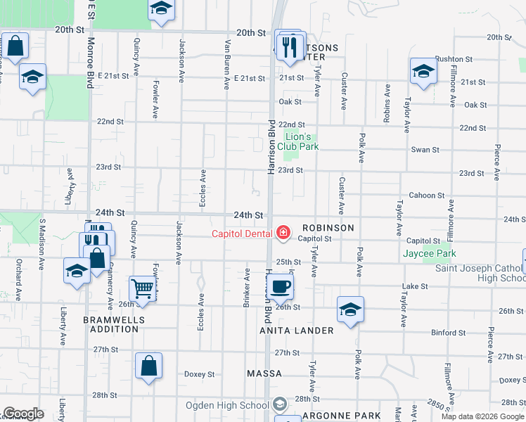 map of restaurants, bars, coffee shops, grocery stores, and more near 1180 24th Street in Ogden