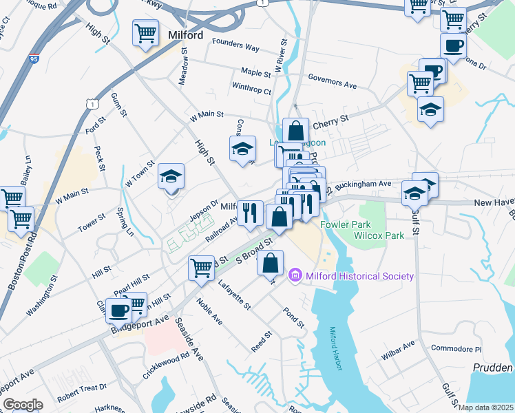map of restaurants, bars, coffee shops, grocery stores, and more near 1 Railroad Avenue in Milford