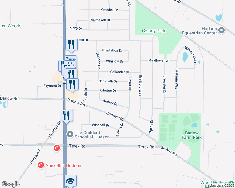 map of restaurants, bars, coffee shops, grocery stores, and more near 1754 Arbutus Drive in Hudson